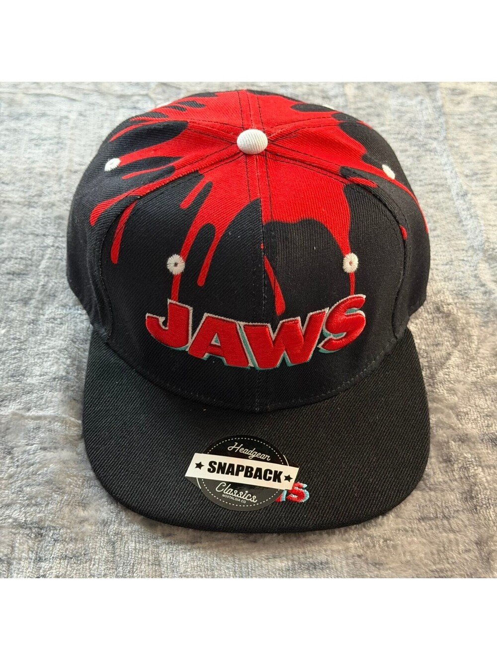 Headgear Classics Jaws 1975 Snapback Hat Men's One Size Black Red Movie